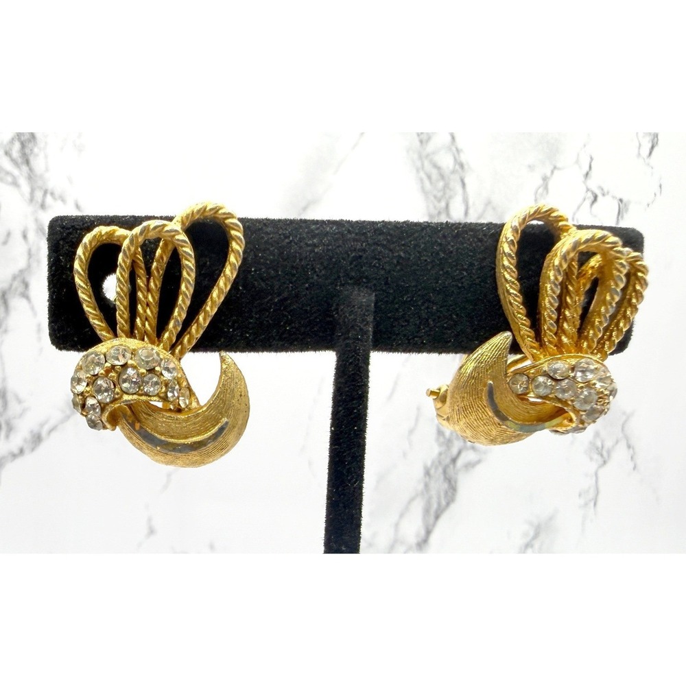 BSK Bow Earrings Vintage Gold‎ Tone Rhinestone Clip On 1"